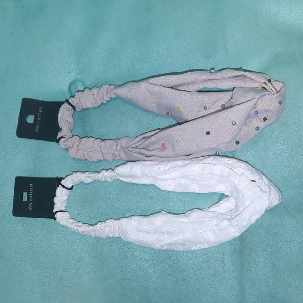 Ava & Aiden Headband Bundle of 2 | White Eyelet & Beaded Beige Twist Headbands n